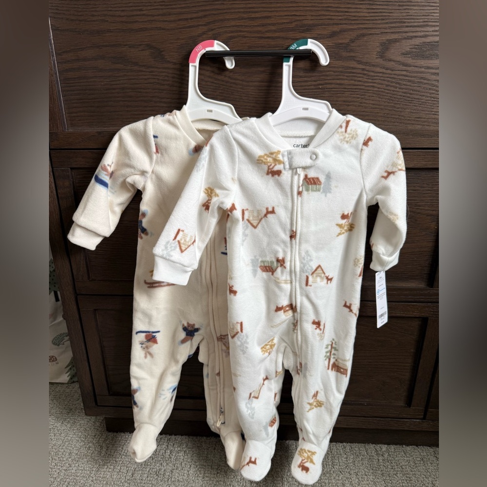 Carter's Cream & Off-White Fleece Printed Footed One-Pieces